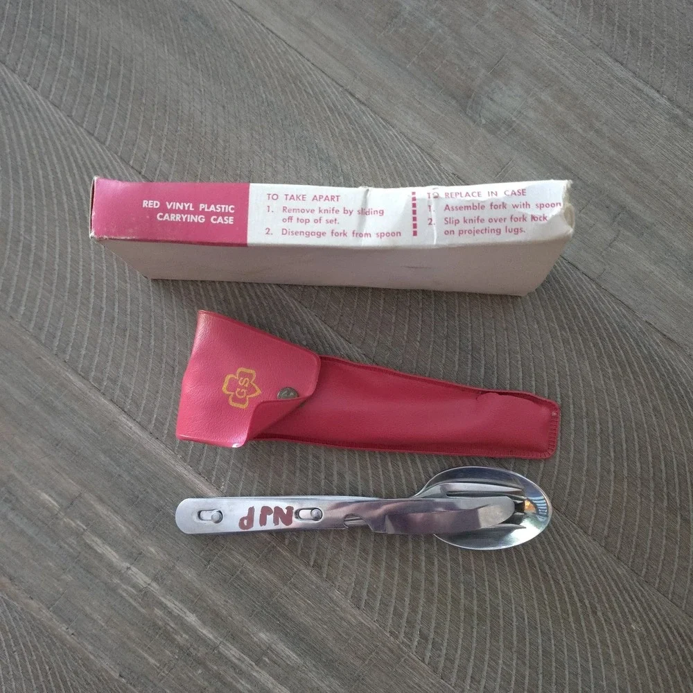 Vintage Girl Scout Hiker's Cutlery Kit Knife Fork Spoon Stainless Steel Red Case